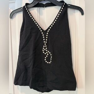 St. John Black Knit Vintage Halter Top Pearl Necklace Embellishment Sz 2